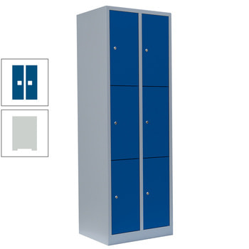 Schließfachschrank, 2 Abteile, 6 Fächer, 1.800 x 600 x 500 mm (HxBxT), Stahl, Zylinderschloss, Korpus: lichtgrau, Front: enzianblau RAL 5010 Enzianblau | RAL 7035 Lichtgrau