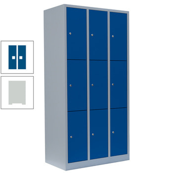 Schließfachschrank, 3 Abteile, 9 Fächer, 1.800 x 885 x 500 mm (HxBxT), Stahl, Zylinderschloss, Korpus: lichtgrau, Front: enzianblau RAL 5010 Enzianblau | RAL 7035 Lichtgrau