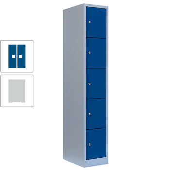 Schließfachschrank, 1 Abteil, 5 Fächer, 1.800 x 315 x 500 mm (HxBxT), Stahl, Zylinderschloss, Korpus: lichtgrau, Front: enzianblau RAL 5010 Enzianblau | RAL 7035 Lichtgrau