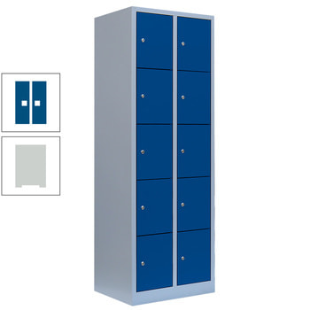 Schließfachschrank, 2 Abteile, 10 Fächer, 1.800 x 600 x 500 mm (HxBxT), Stahl, Zylinderschloss, Korpus: lichtgrau, Front: enzianblau RAL 5010 Enzianblau | RAL 7035 Lichtgrau