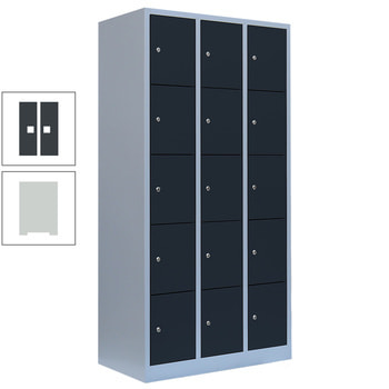 Schließfachschrank, 3 Abteile, 15 Fächer, 1.800 x 885 x 500 mm (HxBxT), Stahl, Zylinderschloss, Korpus: lichtgrau, Front: anthrazitgrau RAL 7016 Anthrazitgrau | RAL 7035 Lichtgrau