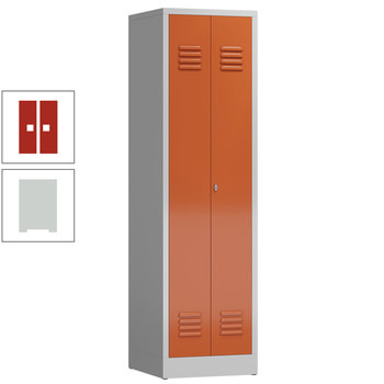 Mehrzweckschrank, Garderobenschrank, 2 Abteile, 6 Fächer, 1.800 x 500 x 500 mm (HxBxT), Drehriegel, Stahl, Korpus: lichtgrau, Front: feuerrot RAL 3000 Feuerrot | RAL 7035 Lichtgrau