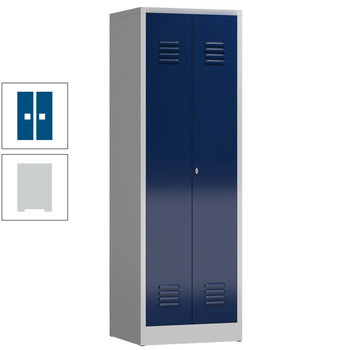 Mehrzweckschrank, Garderobenschrank, 2 Abteile, 6 Fächer, 1.800 x 590 x 500 mm (HxBxT), Drehriegel, Stahl, Korpus: lichtgrau, Front: enzianblau RAL 5010 Enzianblau | RAL 7035 Lichtgrau