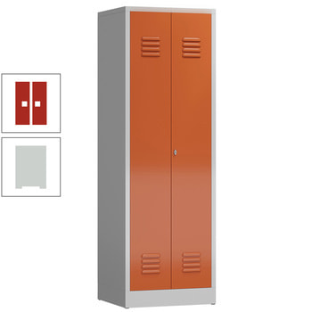 Mehrzweckschrank, Garderobenschrank, 2 Abteile, 6 Fächer, 1.800 x 590 x 500 mm (HxBxT), Drehriegel, Stahl, Korpus: lichtgrau, Front: feuerrot RAL 3000 Feuerrot | RAL 7035 Lichtgrau