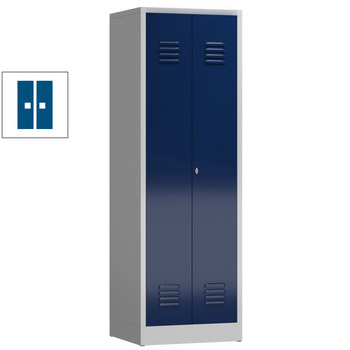 Geräteschrank, Mehrzweckschrank, 2 Abteile, 1.800 x 590 x 500 mm (HxBxT), Drehriegel, Kleiderstange, Stahl, Korpus: lichtgrau, Front: enzianblau RAL 5010 Enzianblau