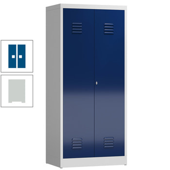 Mehrzweckschrank, Garderobenschrank, 2 Abteile, 6 Fächer, 1.800 x 800 x 500 mm (HxBxT), Drehriegel, Stahl, Korpus: lichtgrau, Front: enzianblau RAL 5010 Enzianblau | RAL 7035 Lichtgrau