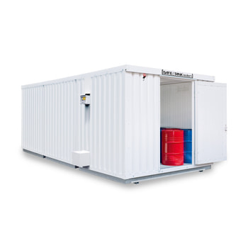 Isolierter Gefahrstoffcontainer - 2.560 x 3.350 x 6.520 mm (HxBxT) - Auffangvolumen 3 x 1.030 l - mit Dauerlüfter - Türausführung wählbar 