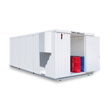 Isolierter Gefahrstoffcontainer - 2.560 x 3.350 x 6.520 mm (HxBxT) - Auffangvolumen 3 x 1.030 l - mit Lüftersteuerung - Türausführung wählbar 