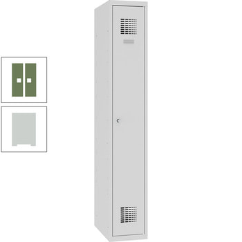 Garderobenschrank, Spind, Umkleide, Spiegel, Haken, Sockel, 1 Abteil, 1.800 x 300 x 500 mm (HxBxT), Korpusfarbe lichtgrau, Frontfarbe resedagrün RAL 6011 Resedagrün | RAL 7035 Lichtgrau