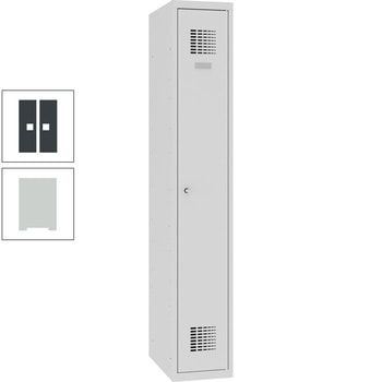 Garderobenschrank, Spind, Umkleide, Spiegel, Haken, Sockel, 1 Abteil, 1.800 x 300 x 500 mm (HxBxT), Korpusfarbe lichtgrau, Frontfarbe anthrazitgrau RAL 7016 Anthrazitgrau | RAL 7035 Lichtgrau