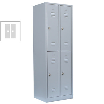 Garderobenschrank, Doppelstockspind, 2 Abteile, 4 Fächer, 1.950 x 600 x 500 mm (HxBxT), Stahl, Drehriegel, Korpus: lichtgrau, Front: lichtgrau RAL 7035 Lichtgrau