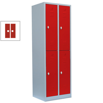 Garderobenschrank, Doppelstockspind, 2 Abteile, 4 Fächer, 1.950 x 600 x 500 mm (HxBxT), Stahl, Drehriegel, Korpus: lichtgrau, Front: feuerrot RAL 3000 Feuerrot