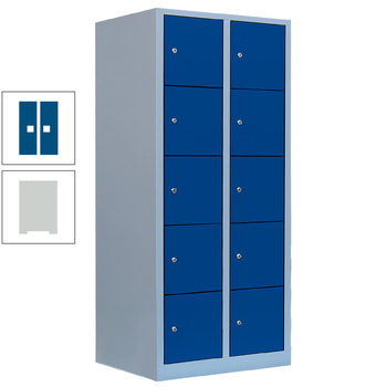 Schließfachschrank, 2 Abteile, 10 Fächer, 1.800 x 800 x 500 mm (HxBxT), Stahl, Zylinderschloss, Korpus: lichtgrau, Front: enzianblau RAL 5010 Enzianblau | RAL 7035 Lichtgrau