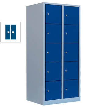 Schließfachschrank, 2 Abteile, 10 Fächer, 1.900 x 800 x 450 mm (HxBxT), Zylinderschloss, Stahl, Korpusfarbe: lichtgrau, Front: enzianblau RAL 5010 Enzianblau