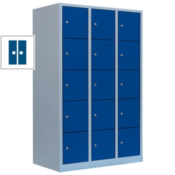 Schließfachschrank, 3 Abteile, 15 Fächer, 1.900 x 1.185 x 450 mm (HxBxT), Zylinderschloss, Stahl, Korpusfarbe: lichtgrau, Front: enzianblau RAL 5010 Enzianblau