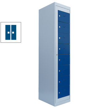 Verteilerschrank, Ausgabeschrank, Fächerschrank, Zentraltür, 1 Abteil, 8 Fächer, 1.800 x 400 x 500 mm (HxBxT), Korpus lichtgrau, Front enzianblau RAL 5010 Enzianblau