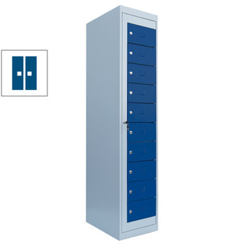 Verteilerschrank, Ausgabeschrank, Fächerschrank, Zentraltür, 1 Abteil, 10 Fächer, 1.800 x 400 x 500 mm (HxBxT), Korpus lichtgrau, Front enzianblau RAL 5010 Enzianblau