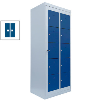 Verteilerschrank, Ausgabeschrank, Fächerschrank, Zentraltür, 2 Abteile, 10 Fächer, 1.800 x 740 x 500 mm (HxBxT), Korpus lichtgrau, Front enzianblau RAL 5010 Enzianblau