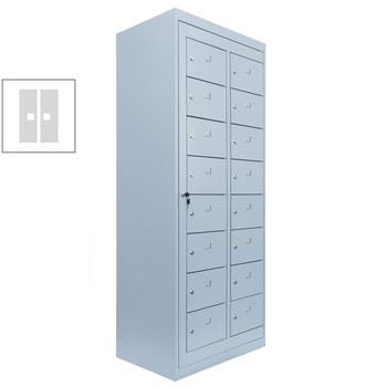 Verteilerschrank, Ausgabeschrank, Fächerschrank, Zentraltür, 2 Abteile, 16 Fächer, 1.800 x 740 x 500 mm (HxBxT), Korpus und Front lichtgrau RAL 7035 Lichtgrau