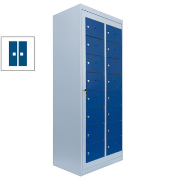 Verteilerschrank, Ausgabeschrank, Fächerschrank, Zentraltür, 2 Abteile, 16 Fächer, 1.800 x 740 x 500 mm (HxBxT), Korpus lichtgrau, Front enzianblau RAL 5010 Enzianblau