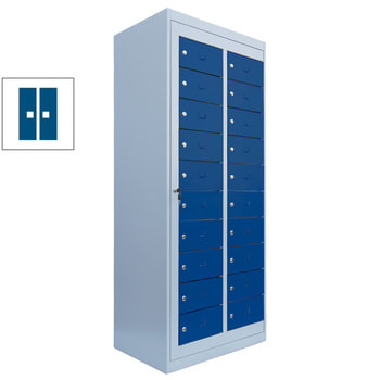 Verteilerschrank, Ausgabeschrank, Fächerschrank, Zentraltür, 2 Abteile, 20 Fächer, 1.800 x 740 x 500 mm (HxBxT), Korpus lichtgrau, Front enzianblau RAL 5010 Enzianblau