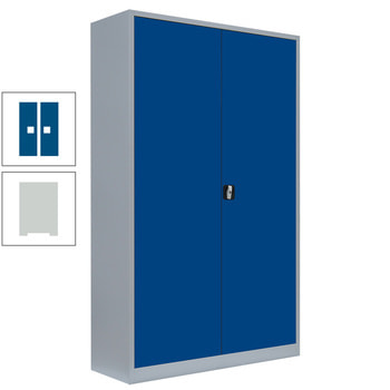 Aktenschrank, Büroschrank, abschließbar, Flügeltüren, 4 Fachböden, 1.950 x 1.200 x 600 mm (HxBxT), Stahl, Korpusfarbe lichtgrau, Türfarbe enzianblau RAL 5010 Enzianblau | RAL 7035 Lichtgrau