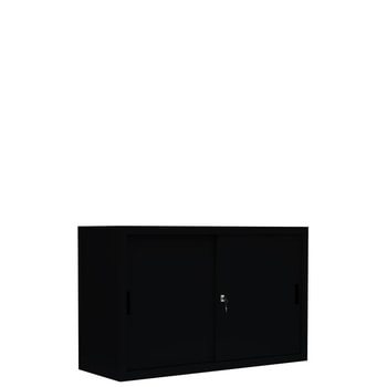 Schiebetürenschrank, Aktenschrank, Büroschrank, abschließbar, 1 Fachboden, Stahl, 750 x 1.200 x 450 mm (HxBxT), Farbe: tiefschwarz RAL 9005 Tiefschwarz