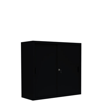 Schiebetürenschrank, Aktenschrank, Büroschrank, abschließbar, 2 Fachböden, Stahl, 1.090 x 1.200 x 450 mm (HxBxT), Farbe: tiefschwarz RAL 9005 Tiefschwarz