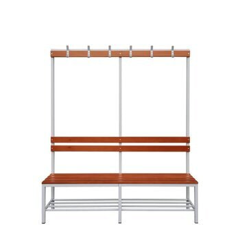 Umkleidebank, Umkleide-Sitzbank, Schuhrost, Haken, Breite 1.600 mm, Sitzhöhe 400 mm, Stahl mit Holzleisten, Gestell: lichtgrau, Sitzleisten: Buche 1600 mm