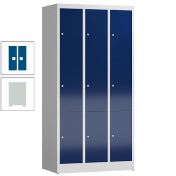 Schließfachschrank, 3 Abteile, 9 Fächer, 1.800 x 870 x 500 mm (HxBxT), Stahl, Zylinderschloss, Korpus: lichtgrau, Front: enzianblau RAL 5010 Enzianblau | RAL 7035 Lichtgrau