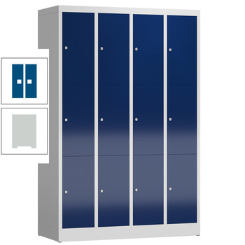 Schließfachschrank, 4 Abteile, 12 Fächer, 1.800 x 1.170 x 500 mm (HxBxT), Zylinderschloss, Stahl, Korpus: lichtgrau, Front: enzianblau RAL 5010 Enzianblau | RAL 7035 Lichtgrau