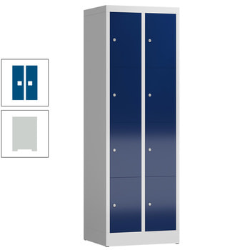 Schließfachschrank, 2 Abteile, 8 Fächer, 1.800 x 590 x 500 mm (HxBxT), Stahl, Zylinderschloss, Korpus: lichtgrau, Front: enzianblau RAL 5010 Enzianblau | RAL 7035 Lichtgrau