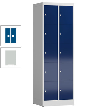 Schließfachschrank, 2 Abteile, 10 Fächer, 1.800 x 590 x 500 mm (HxBxT), Stahl, Zylinderschloss, Korpus: lichtgrau, Front: enzianblau RAL 5010 Enzianblau | RAL 7035 Lichtgrau