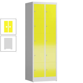 Schließfachschrank, 2 Abteile, 10 Fächer, 1.800 x 590 x 500 mm (HxBxT), Stahl, Zylinderschloss, Korpus: lichtgrau, Front: zinkgelb RAL 1018 Zinkgelb | RAL 7035 Lichtgrau