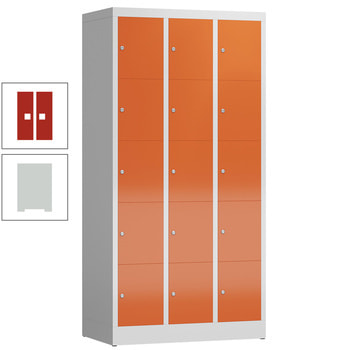 Schließfachschrank, 3 Abteile, 15 Fächer, 1.800 x 870 x 500 mm (HxBxT), Stahl, Zylinderschloss, Korpus: lichtgrau, Front: feuerrot RAL 3000 Feuerrot | RAL 7035 Lichtgrau