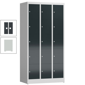 Schließfachschrank, 3 Abteile, 15 Fächer, 1.800 x 870 x 500 mm (HxBxT), Stahl, Zylinderschloss, Korpus: lichtgrau, Front: anthrazitgrau RAL 7016 Anthrazitgrau | RAL 7035 Lichtgrau