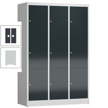 Schließfachschrank, 3 Abteile, 9 Fächer, 1.800 x 1.185 x 500 mm (HxBxT), Zylinderschloss, Stahl, Korpus: lichtgrau, Front: anthrazitgrau RAL 7016 Anthrazitgrau | RAL 7035 Lichtgrau