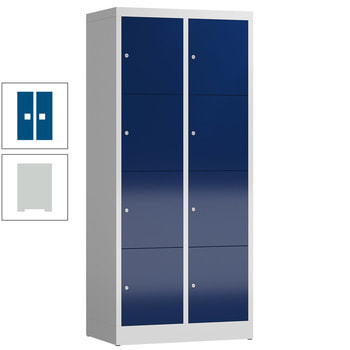 Schließfachschrank, 2 Abteile, 8 Fächer, 1.800 x 800 x 500 mm (HxBxT), Zylinderschloss, Stahl, Korpus: lichtgrau, Front: enzianblau RAL 5010 Enzianblau | RAL 7035 Lichtgrau