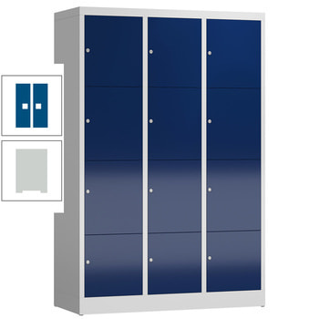 Schließfachschrank, 3 Abteile, 12 Fächer, 1.800 x 1.185 x 500 mm (HxBxT), Zylinderschloss, Stahl, Korpus: lichtgrau, Front: enzianblau RAL 5010 Enzianblau | RAL 7035 Lichtgrau