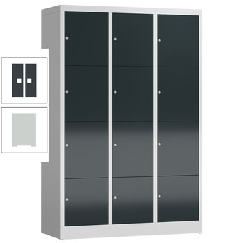 Schließfachschrank, 3 Abteile, 12 Fächer, 1.800 x 1.185 x 500 mm (HxBxT), Zylinderschloss, Stahl, Korpus: lichtgrau, Front: anthrazitgrau RAL 7016 Anthrazitgrau | RAL 7035 Lichtgrau