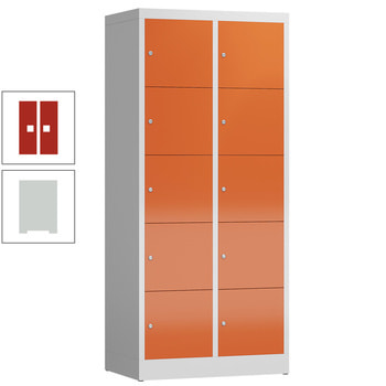 Schließfachschrank, 2 Abteile, 10 Fächer, 1.800 x 800 x 500 mm (HxBxT), Zylinderschloss, Stahl, Korpus: lichtgrau, Front: feuerrot RAL 3000 Feuerrot | RAL 7035 Lichtgrau