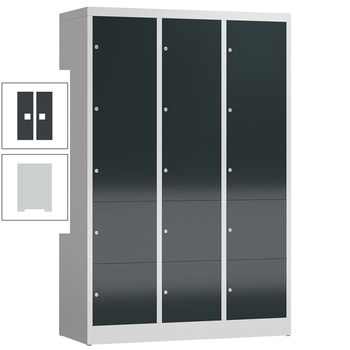 Schließfachschrank, 3 Abteile, 15 Fächer, 1.800 x 1.185 x 500 mm (HxBxT), Zylinderschloss, Stahl, Korpus: lichtgrau, Front: anthrazitgrau RAL 7016 Anthrazitgrau | RAL 7035 Lichtgrau