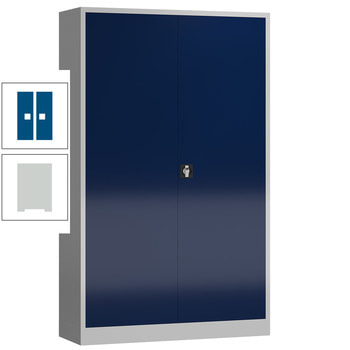 Aktenschrank, Büroschrank, abschließbar, Flügeltüren, 4 Fachböden, 1.945 x 1.200 x 600 mm (HxBxT), Stahl, Korpusfarbe lichtgrau, Türfarbe enzianblau RAL 5010 Enzianblau | RAL 7035 Lichtgrau