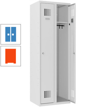 Garderobenschrank, Spind,2 Abteile, Kleiderstange, Spiegel, belüftet,1.800 x 600 x 500 mm (HxBxT), Korpusfarbe reinorange, Frontfarbe lichtblau RAL 5012 Lichtblau | RAL 2004 Reinorange