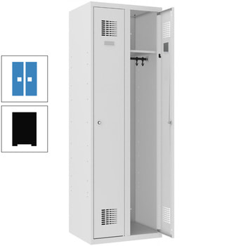 Garderobenschrank, Spind,2 Abteile, Kleiderstange, Spiegel, belüftet,1.800 x 600 x 500 mm (HxBxT), Korpusfarbe tiefschwarz, Frontfarbe lichtblau RAL 5012 Lichtblau | RAL 9005 Tiefschwarz