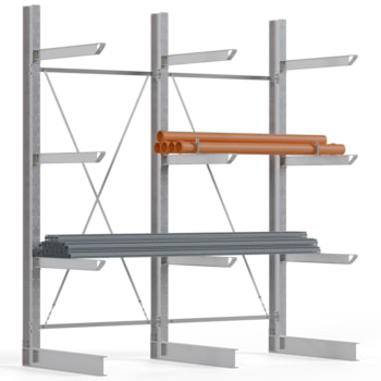 Einseitiges Kragarmregal feuerverzinkt, Schwerlastregal für innen - 2 Felder - 3.500 x 3.000 x 1.380 mm (HxBxT) - 800 kg - KARL heavy 2 Stk.
