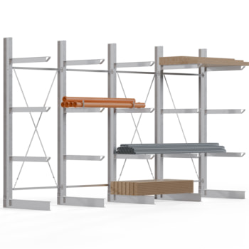 Einseitiges Kragarmregal feuerverzinkt, Schwerlastregal für innen - 4 Felder - 3.500 x 6.000 x 1.380 mm (HxBxT) - 800 kg - KARL heavy 4 Stk.