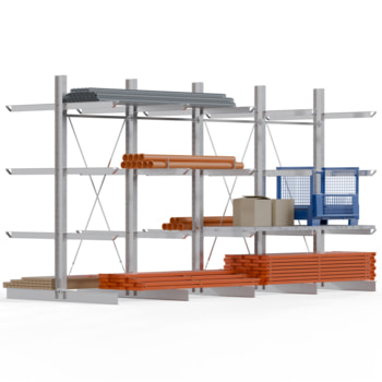 Doppelseitiges Kragarmregal feuerverzinkt, Schwerlastregal für innen - 4 Felder - 3.500 x 6.000 x 2.580 mm (HxBxT) - 800 kg - KARL heavy 4 Stk.