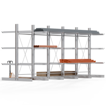 Doppelseitiges Kragarmregal feuerverzinkt, Schwerlastregal für innen - 5 Felder - 3.500 x 7.500 x 2.580 mm (HxBxT) - 800 kg - KARL heavy 5 Stk.