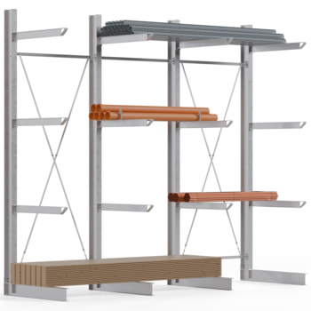 Einseitiges Kragarmregal feuerverzinkt, Schwerlastregal für innen - 3 Felder - 4.000 x 4.500 x 1.380 mm (HxBxT) - 800 kg - KARL heavy 3 Stk.
